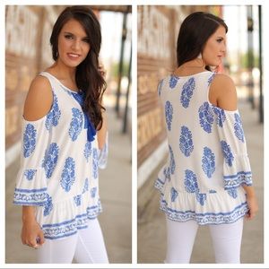 Blue and white printed cold shoulder tunic